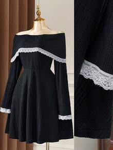SHEIN LUNE Plus Size Off Shoulder Knitted Ribbed Contrast Lace Dress - Black - View 3