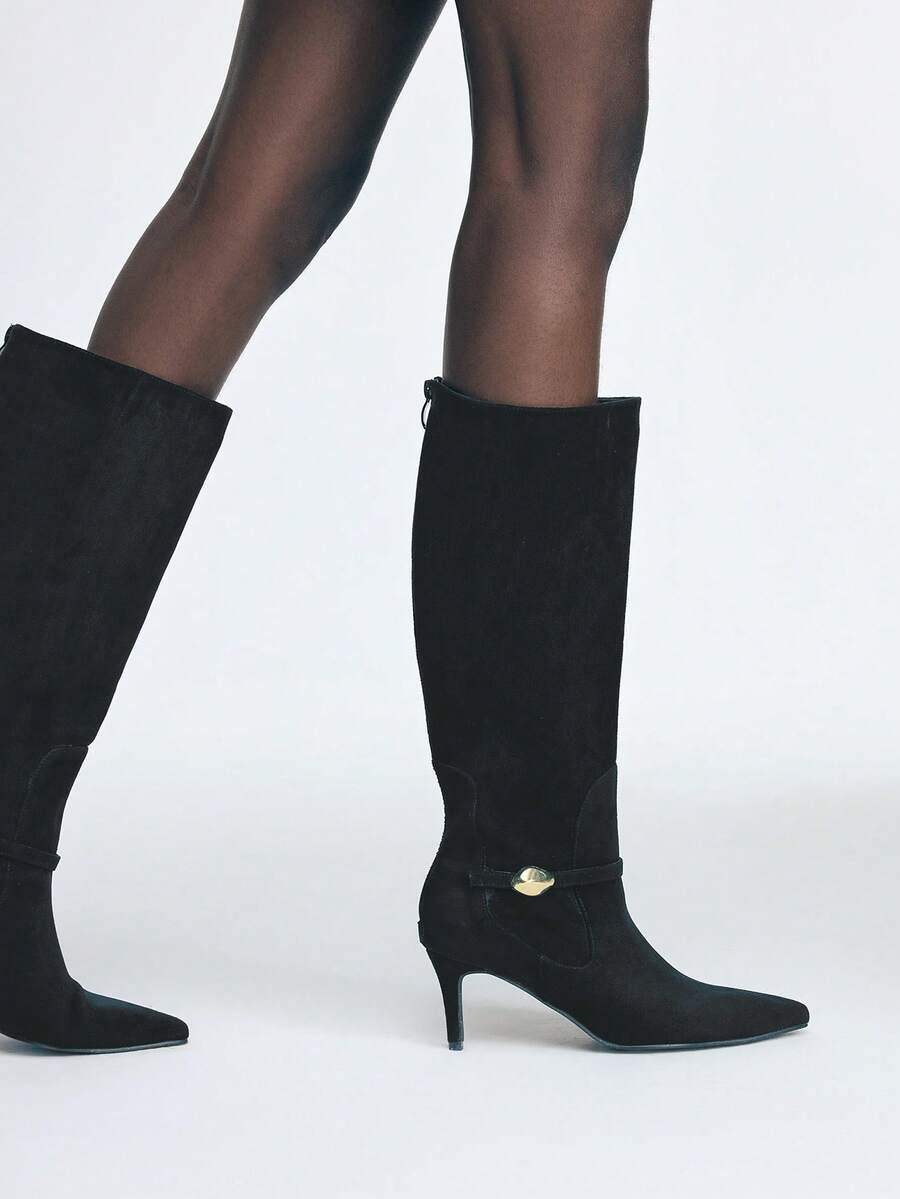 Mnmlis Botas de tacón fino con punta puntiaguda y cremallera en la parte trasera para mujer - Negro - Ver 1