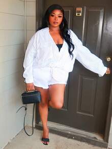 Enliva Plus Size Women's White Striped Loose Blouse, Long Sleeve Plus Size Shirt/Autumn /Winter - White - View 6