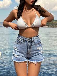 SHEIN 100%Cotton Blue Label Detailed Short With Destroy - Light Wash - View 5