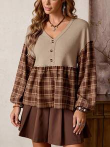 SHEIN LilyWest V-Neck Plaid Patchwork Long Sleeve Women Blouse - Brown - View 4