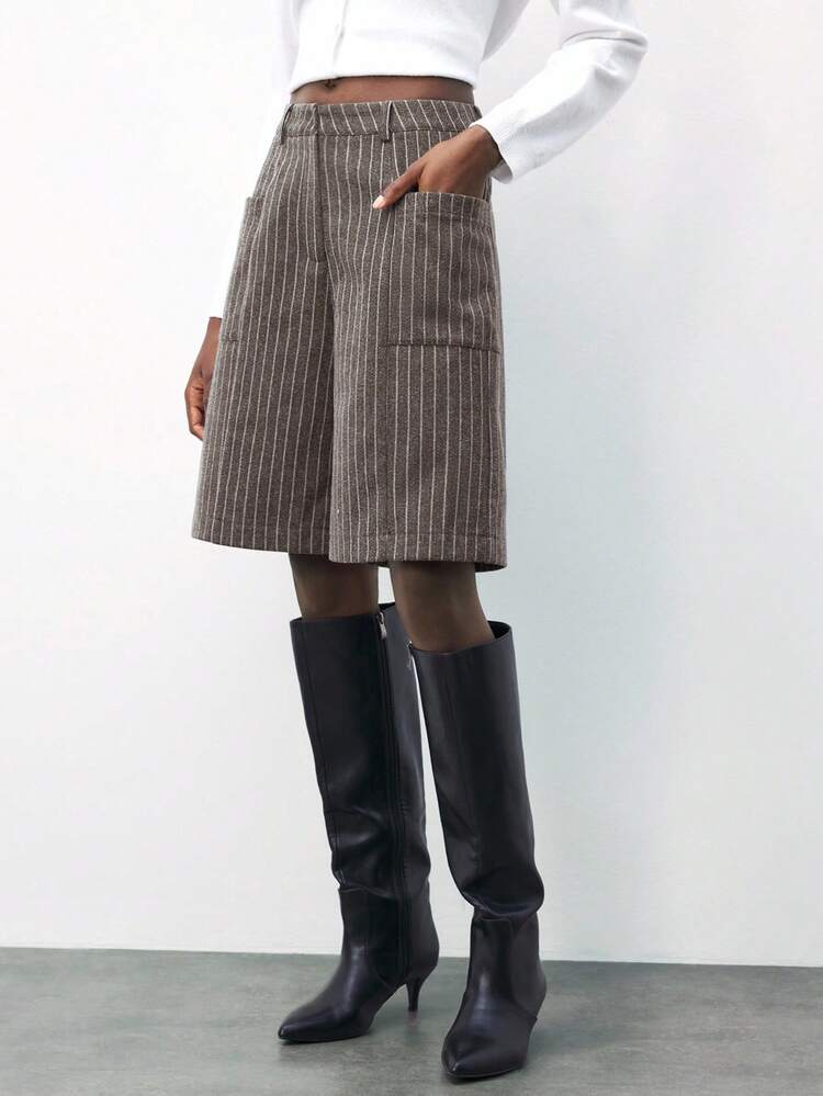 SHEIN Maija Women's Striped Side Pocket Design Bermuda Shorts, Suit Wide Leg Trousers For Urban Commute, Business Casual, Office Wear, Elegant, Suitable For Winter, Christmas, New Year Party