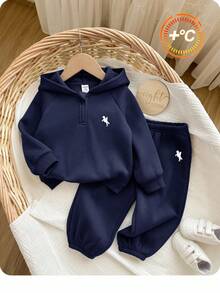 Baby Boy Casual Cute Versatile Blue Knit Hoodie Sweatshirt And Elastic Waist Pants Set - Navy Blue - View 6
