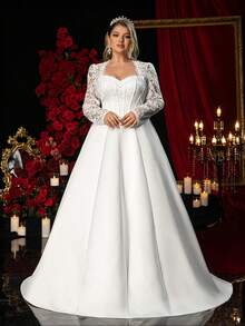 Glamrae Plus Size Elegant Romantic White Palace Sweetheart Neck Long Sleeve Sheer Waist Boned Decor French Lace Patchwork A-Line Wedding Dress (Heavily Embellished Design), Valentine's Day - White - View 3