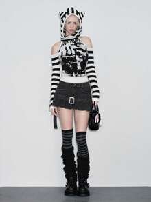 ROMWE Kawaii Women's Cute & Sweet Tie Cuff Decor Off-Shoulder Lantern Sleeve Cropped Sweater - White - View 7