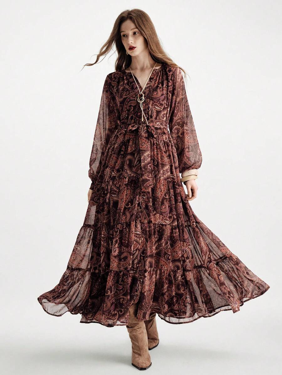 Aveloria Modichic Bohemian Vintage Cashew Blumen Muster Chiffon Taille Schleife V-Ausschnitt Langarm Kleid - Verschiedenfarbig - Übersicht 1