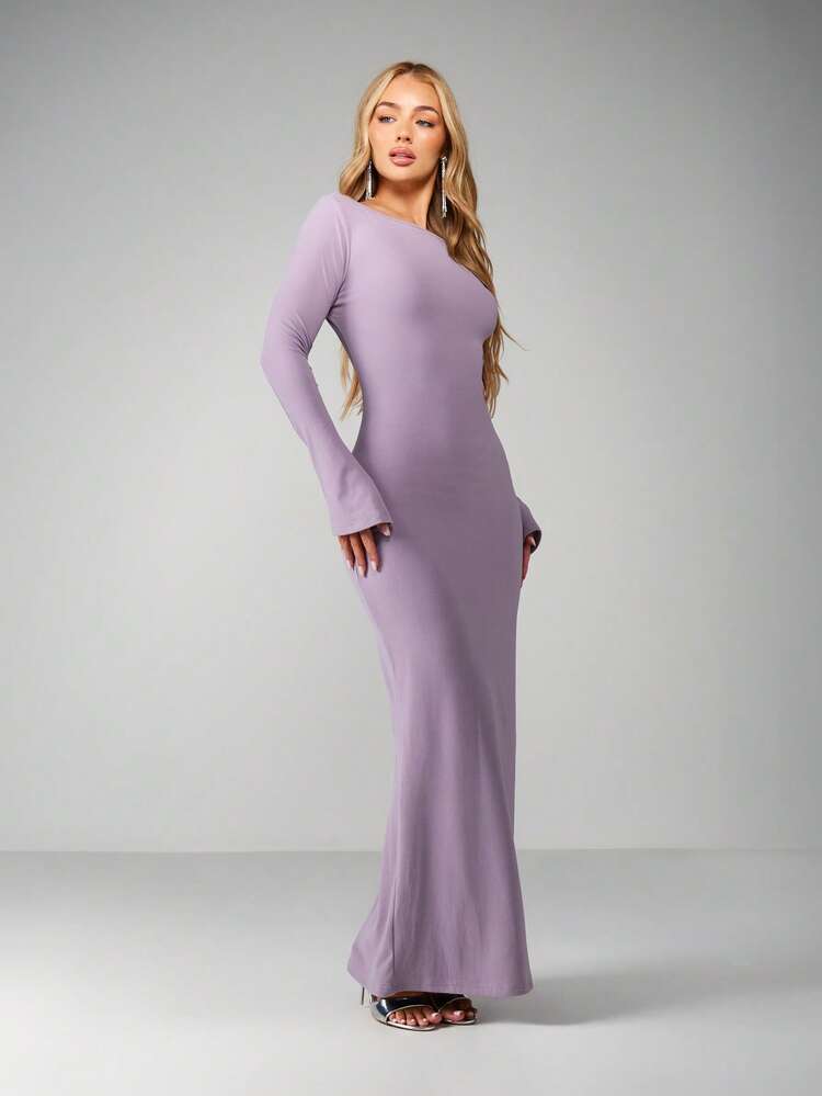 MISSGUIDED Vestido Longo Maxi Colado de Manga Longa com Decote Quadrado para Ocasiões de Festa à Noite - Roxo - Visão 4