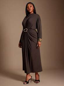 SHEIN SXY Plus Size Women's Sexy And Elegant Brown Side Waist Gathered Metal Opposite Ring Decorated Dress, Vacation, Elegant, Simple - Chocolate Brown - View 5