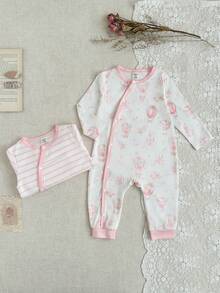 SHEIN 2pcs/Set Baby Girls' Romper Outfits, Stripe Pattern Minimalist & Hot Air Balloon Print Adorable, Suitable For Home & Outings, Soft & Comfortable Fabric, Snap Front Closure Long Sleeve Design, Cuff Trim Casual Cute, Spring/Autumn