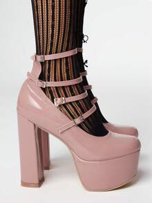 ROMWE 女士厚底搭扣设计时尚迷人高跟鞋，适合派对场合 - 藕粉色 - 查看 4