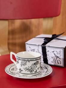 Cirelle 1set Coffee Cup & Saucer Set Afternoon Tea Cup Dessert Plate Vintage Ceramic Mug Back To School - Black and White - View 5