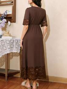 Côtesoire 优雅法式V领蕾丝拼接宽松长款连衣裙 - 咖啡棕 - 查看 2