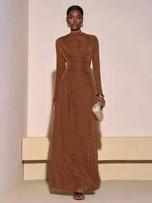 Zivah 2025 Autumn/Winter New Arrival Music Festival, Easter, St. Patrick's Day, Western, Nomadic, Birthday Party, Graduation, College Style, Student, Daily Casual, All-Match Versatile, Leisure, Cruise Travel, Beach, Sunbathing, Viral , Streetwear, Wedding Guest Boho, Commute, Brunch, Airport, Y2K, Vintage Distressed Round Neck Long Sleeve Ruched Waist Maxi Brown Shiny Dress - Redwood - View 5