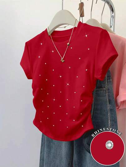 Resyla Summer New Arrival, Casual Versatile Rhinestone Graphic Tee, Women's Fitted T-Shirt, Comfortable Wear, Suitable For Daily, Outdoor, Shopping, Dating, Red