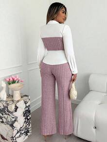 Xyvia 杏色和白色奢华通勤高端成熟智慧女士长袖上衣和阔腿裤两件套，AB面料拼接衬衫领翻领修身腰部上衣，罗纹阔腿裤，适合办公室、校园、商务、旅行、秋冬春季休闲穿着。 - 粉色 - 查看 2