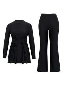 Swim Mulvari Mulvari Spring/Summer New Women 2-Piece Set High Neck Long Sleeve Crisscross Waist Dress Swimsuit & Wide Leg Flare Pants, Middle East Beach Cruise Holiday Swimwear Cover Up - Black - View 6
