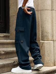 Manfinity Homme Men's Plus Size Solid Color Drawstring Waist Pleated Loose Cargo Pants,Navy Blue Streetwear Baggy Utility Sweat Pants For Autumn Hiking - Blue - View 2