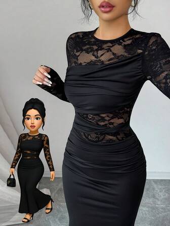 Rafferiza Minimalistisk mode, rynkad spets, mjölksidens stretchig rund halsringning, långärmad klänning för kvinnor, lämplig för singelfester och sammankomster