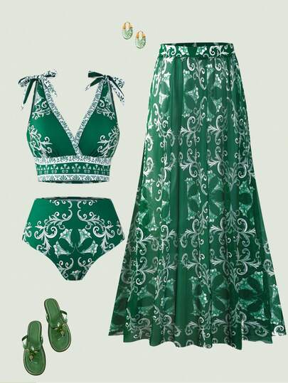 Swim Oasis Plus Size Women 3 Pieces Set: Green Printed Deep V Tie Shoulder Strap High Waist Pants Suit With Belt Loop, Paired With Long Printed Mesh Sarong For Summer Beach Vacation