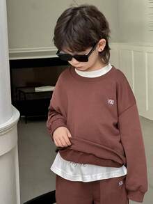 DAZY Young Boy Letter Print Crew Neck Raglan Sleeve Loose Sweatshirt And Sweatpants Set - Brown - View 6