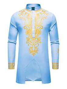 Genlund 男士复古立领长袖衬衫套装 男士两件套 蓝色 男士两件套服装 蓝色 男士非洲两件套服装 男士非洲西装 非洲衬衫和裤子套装 男士加大码 - 淺藍色 - 查看 3