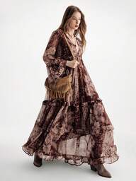 Aveloria Modichic Vestido fluido de gasa con estilo bohemio y volantes, de corte holgado, cuello en V profundo y manga larga