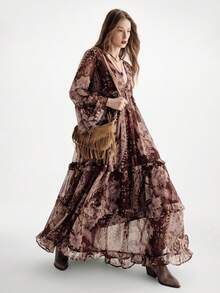 Aveloria Modichic 波西米亚风雪纺飘逸连衣裙，荷叶边装饰，宽松版型，深V领长袖 - 彩色 - 查看 1