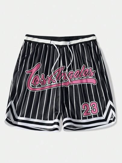 Prep Pantalones cortos casuales sueltos con cordón y rayas de letras para hombres