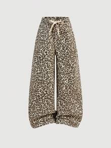SHEIN Girlism Tween Girls' Drawstring Waist Leopard Print Wide Leg Loose Casual Jeans - Multicolor - View 5