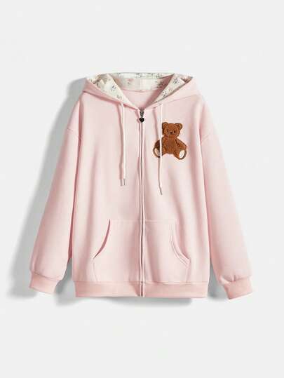 Kawaii Cute & Sweet Bear Embroidery Zip Front Drawstring Hoodie For Women
