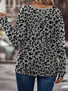 EMERY ROSE Vintage Floral Grey Base + Black Leopard Print V-Neck Long Sleeve Casual Basic Plus Size T-Shirt, Autumn/Winter - Multicolor - View 2