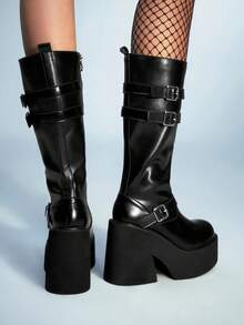 Sugerpunk 女士时尚通勤可调节搭扣厚底坡跟过膝长靴 - 黑色 - 查看 6