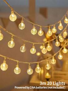 1PC 10/20/40/80 LED Crystal Ball String Lights, Warm White, Battery Operated, For Holiday Party, Romance, Bedroom, Home & Tent Decor