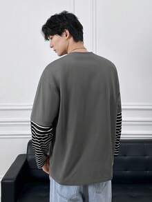 ESTAVOR Men's Graphic T-Shirt Striped Fabric Fake Two-Piece Round Neck Long-Sleeved T-Shirt - Grey - View 5