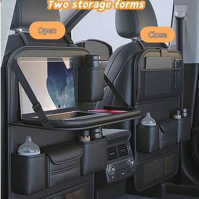 1个装汽车座椅靠背收纳整理架，可折叠托盘 - 多功能车载储物盒，大容量收纳袋，可调节绑带，易于安装，底部可伸缩固定，多种收纳方式，保持车内整洁有序，经久耐用且易于清洁