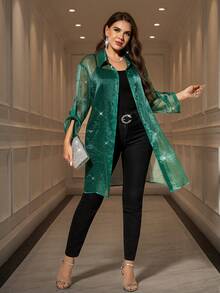 SHEIN Clasi 大码优雅派对水钻装饰薄纱中长款女式衬衫，绿色波点领长袖飘逸雪纺外套，适合秋季、冬季、夜间外出、休闲场合，尽显老钱风范，适合多种场合，如万圣节、返校节、圣诞节、商务休闲等。 - 墨綠色 - 查看 5