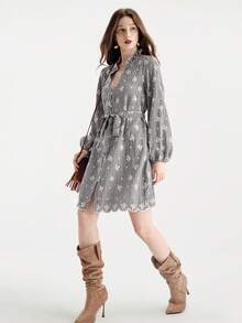 Aveloria Modichic New French Luxury Embroidered Ruffle V-Neck Belted Dress, Winter - Multicolor - View 5