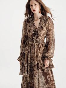 Aveloria Modichic Vestido de manga larga con cuello de volantes, cinturón de cintura y estampado de flores de anacardo arrugado de gasa vintage, otoño - Multicolor - Ver 4