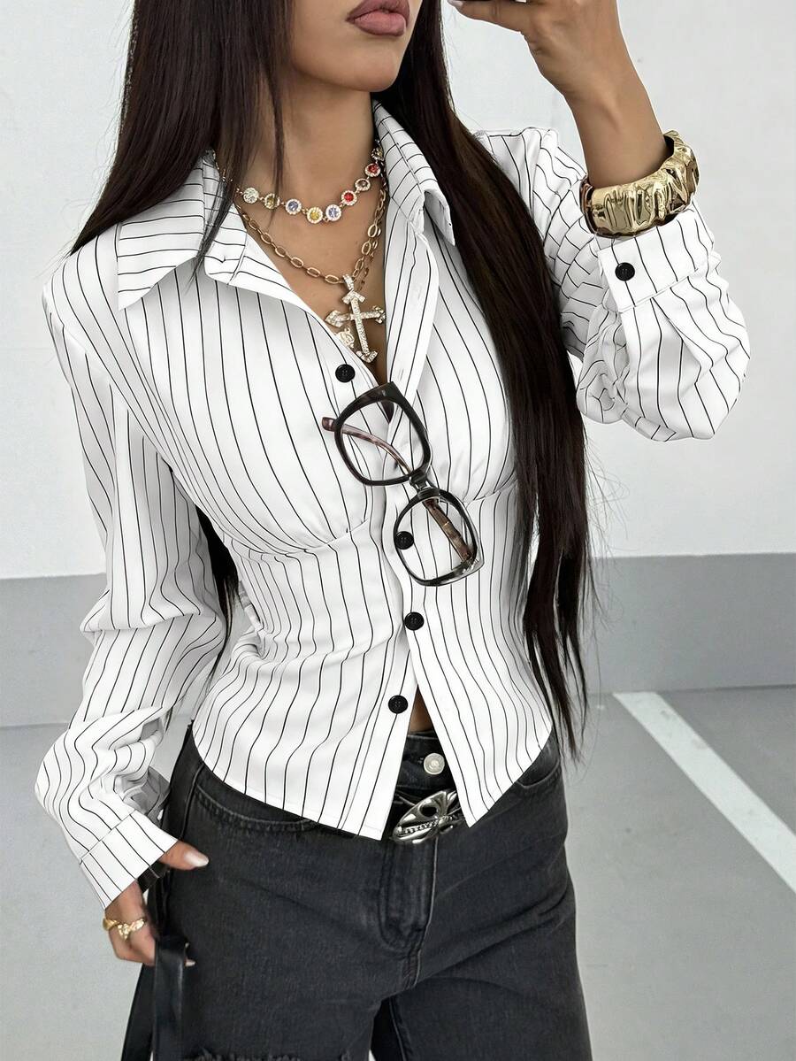 StreetHx Women's Retro Fitted Striped Shirt - White - View 1