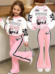 2pcs/Set Young Girls Vintage Sports Colorblock Streetwear Outfit, 23 Number & Letter Graphic Print Loose Fit Crew Neck Long Sleeve Sweatshirt, Suitable For Autumn/Winter, Streetwear, Vintage, Summer Outfits, Easy Comfort, Autumn Layers For Kids, Stylish Kids, 2000s Style, Y2K Clothes, Korean Style, Outdoor Picnic, Street Style, Home, Bohemian, Hippie Style, Music Festival