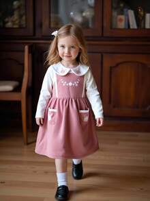 Vintaside Kids Conjunto de blusa de manga larga con cuello y bordado floral vintage y vestido peto bordado en color albaricoque para niñas, esquema de color otoñal, adecuado para uso casual diario - Rosa - Ver 3