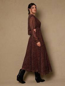 Freevana 大码复古波点印花休闲连衣裙 - 咖啡棕 - 查看 7