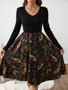 SHEIN Clasi 女士优雅印花黑色连衣裙，适合通勤和休闲穿着，秋冬季 - 黑色 - 查看 6