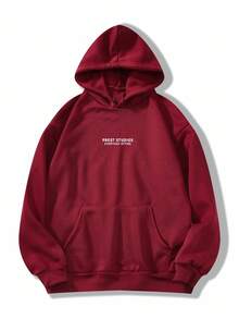 SHEIN Plus Size Casual Letter Print Thermal Lined Sweatshirt, Autumn/Winter Fall Cloth For Women - Burgundy - View 5