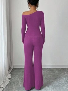 Selianne 女士时尚休闲两件套，不对称肩部下摆褶皱金属装饰长袖罗纹修身T恤 + 罗纹修身喇叭裤 - 紫色 - 查看 2