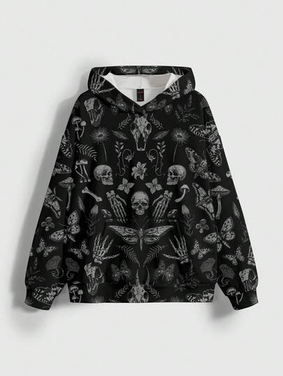 Goth Sudadera con estampado todo sobre de setas gigantes, calaveras, polillas y mariposas del bosque misterioso para mujer