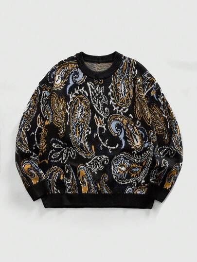Men's Crew Neck Cashew Pattern Vintage Knit Sweater