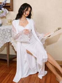 Côtesoire French Elegant White Lace Robe Set,Spaghetti Strap Maxi Dress Sleepwear Pajama, Open Slit Nightgown,Autumn Winter 2 Piece Sleep Set For Women - White - View 6