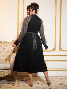 Cravure Vestido largo de manga larga con lentejuelas transparentes y cinturón para mujer de talla grande, adecuado para fiesta - Negro - Ver 2