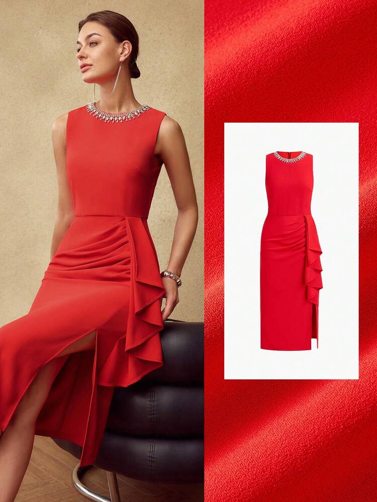 ELEGANT RHINESTONE DECOR FRONT SLIT RUFFLE TRIM DRESS